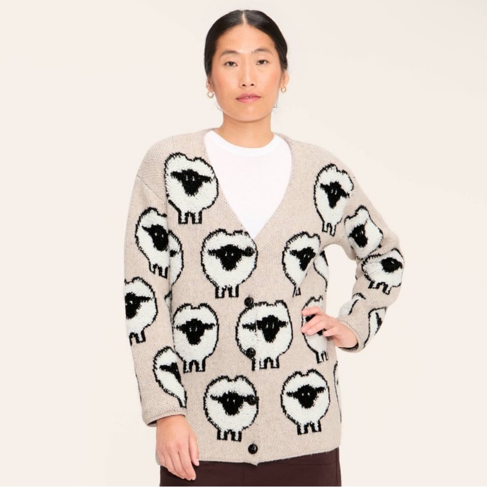 WOOLRICH x Target Sheep Print Relaxed Cardigan Taupe Size S NWT
